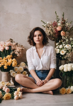 室内鲜花白色衬衫美女写真图片